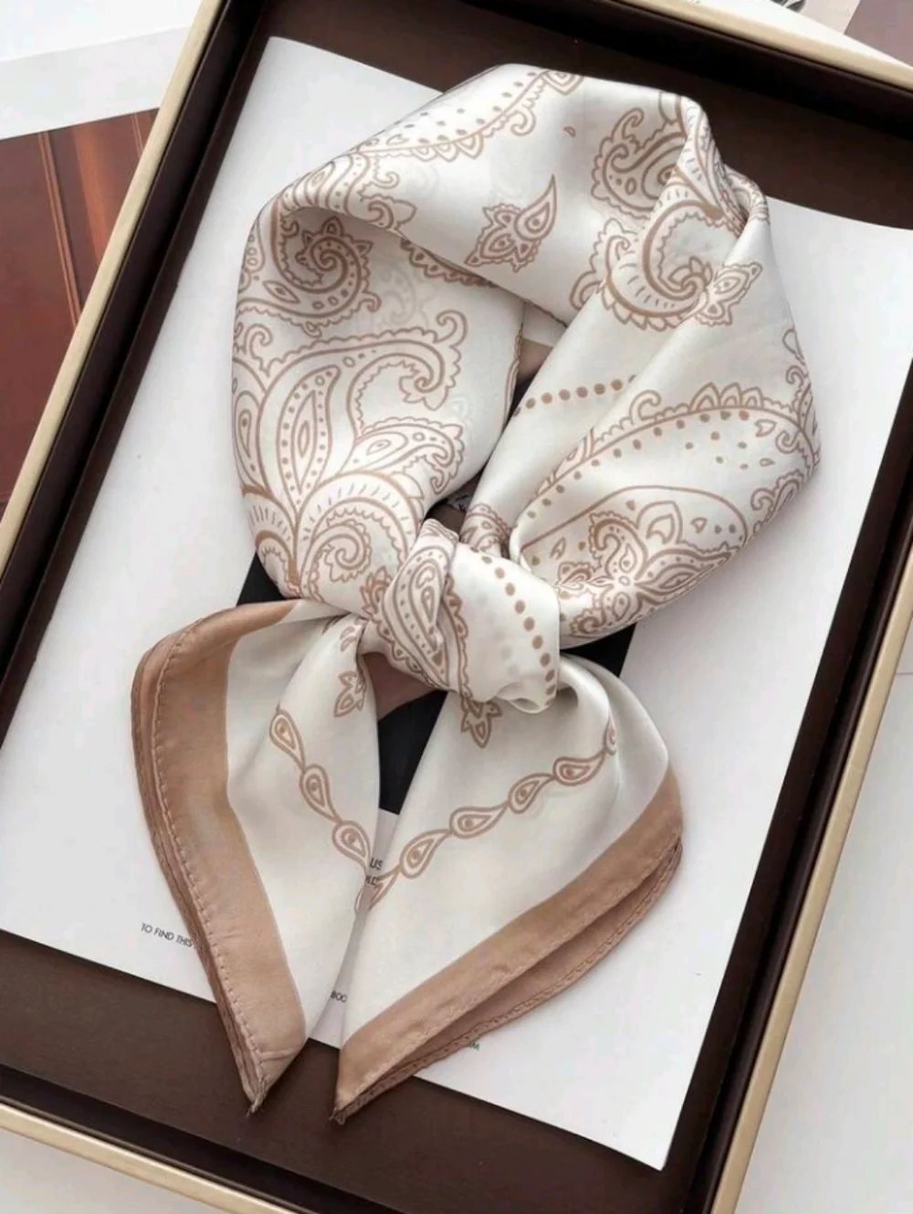 Brown Off-white Neutral Paisley Satin Scarf Beige Summer Beach Vacation Festival